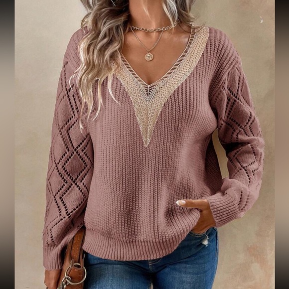 Comfy Sheer Lace V Neck Knit Swearer Top Green - Picture 12 of 14